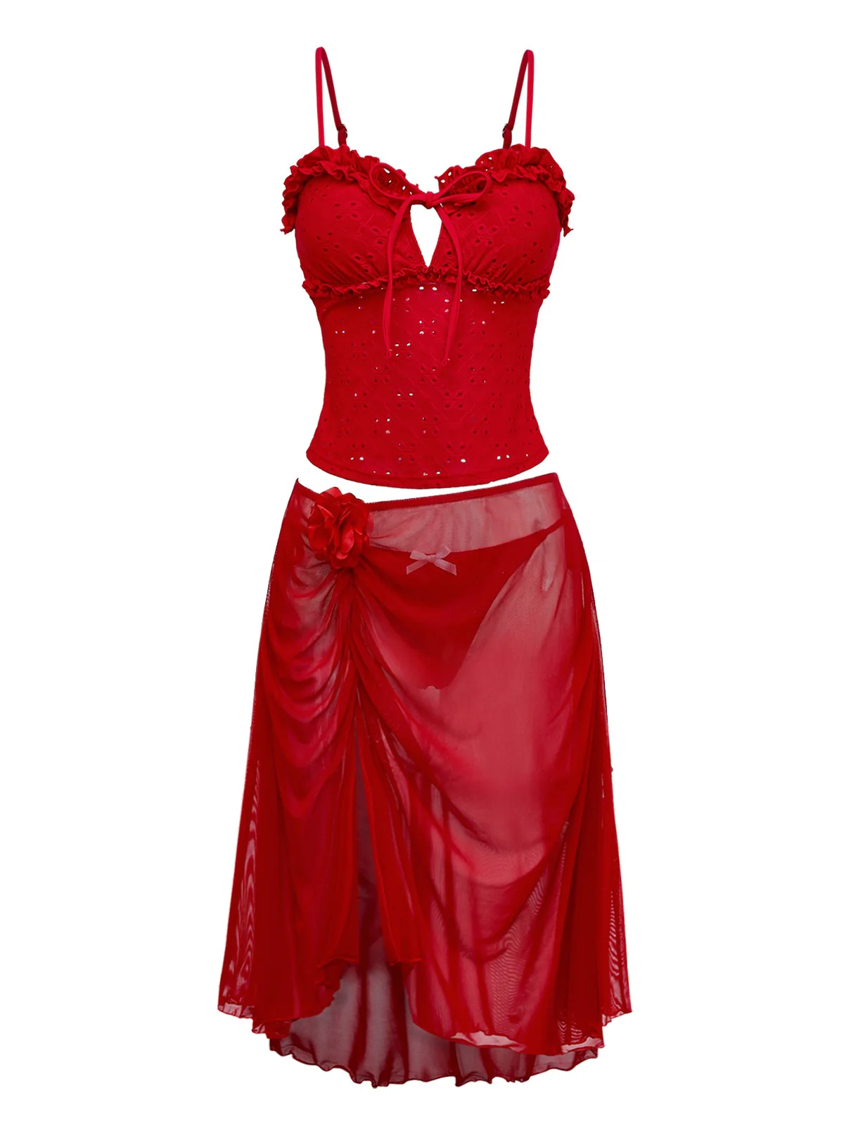 2PCS Red 1960s Cutout Ruffled Tankini Set & Cover-Up - Image 4