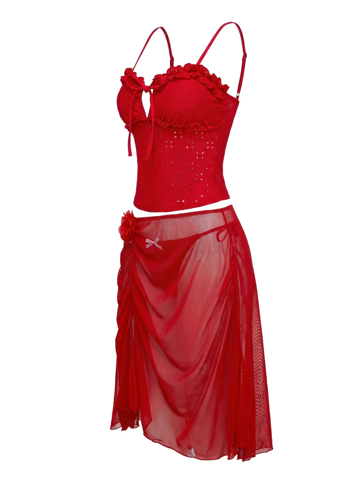 2PCS Red 1960s Cutout Ruffled Tankini Set & Cover-Up - Image 5