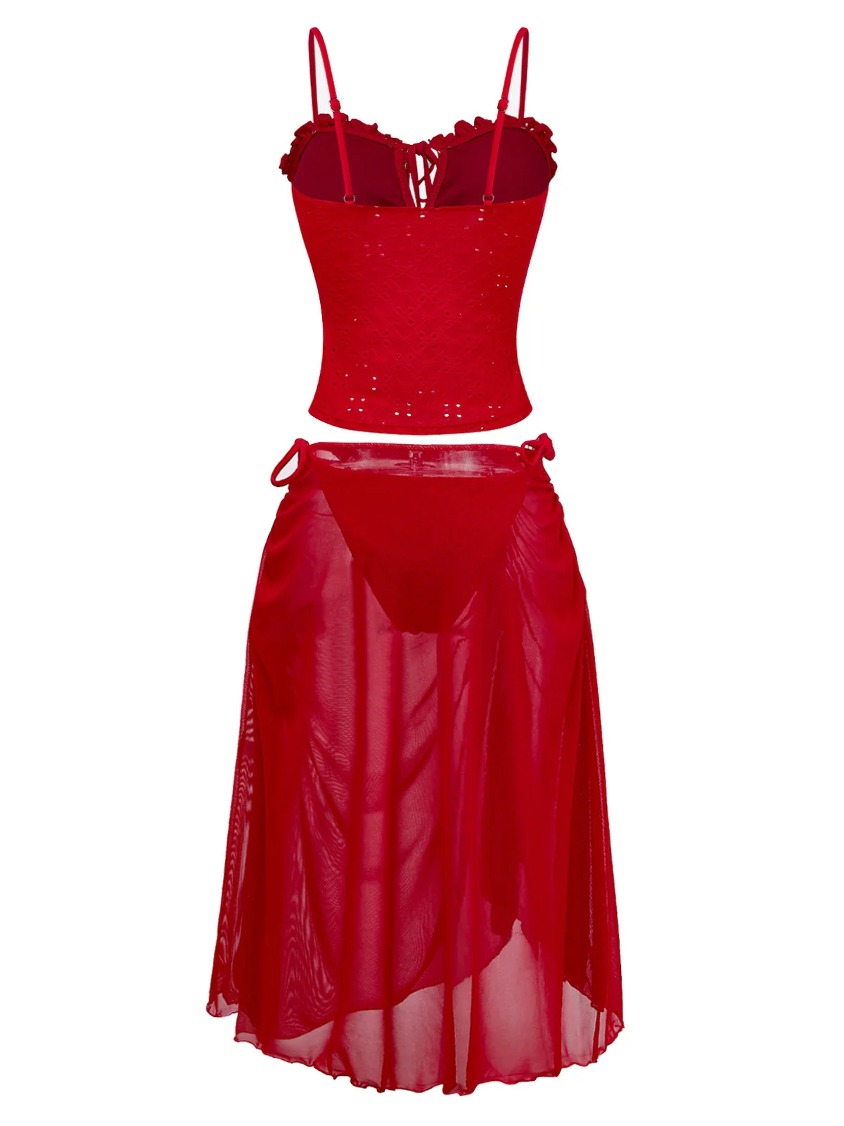2PCS Red 1960s Cutout Ruffled Tankini Set & Cover-Up - Image 6
