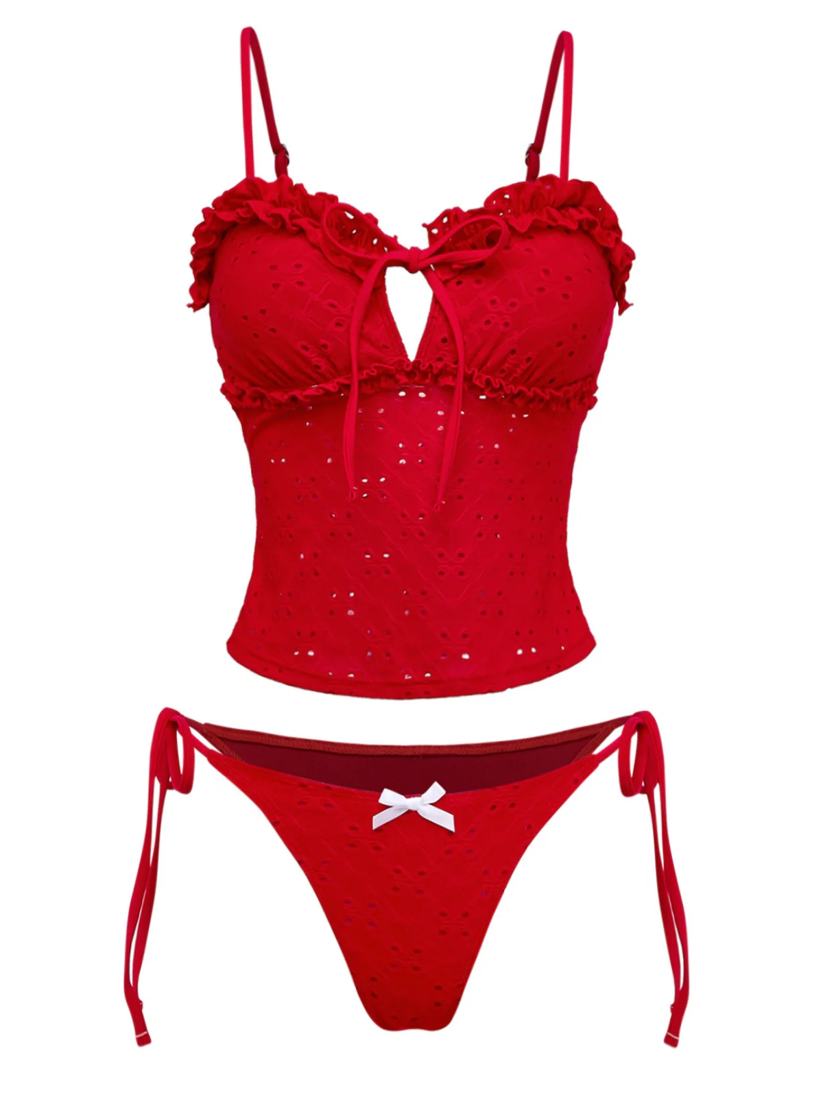 2PCS Red 1960s Cutout Ruffled Tankini Set & Cover-Up - Image 7