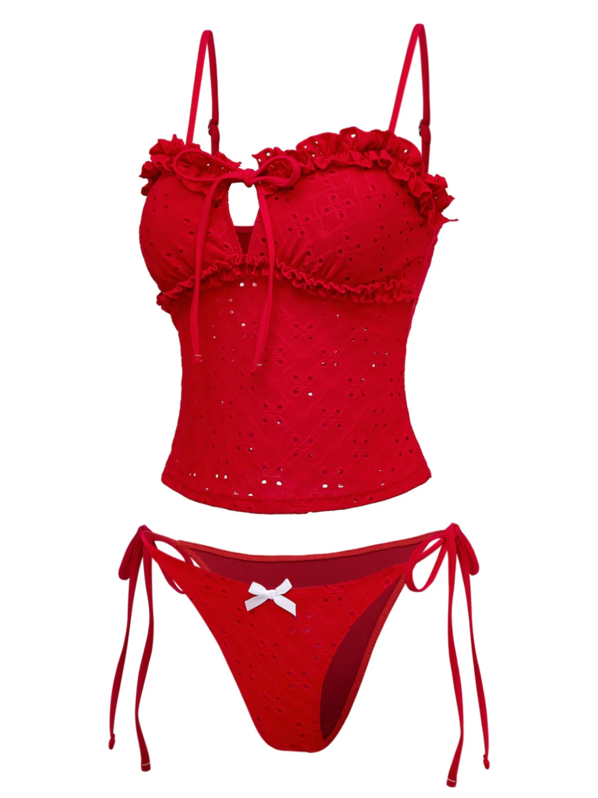 2PCS Red 1960s Cutout Ruffled Tankini Set & Cover-Up - Image 8