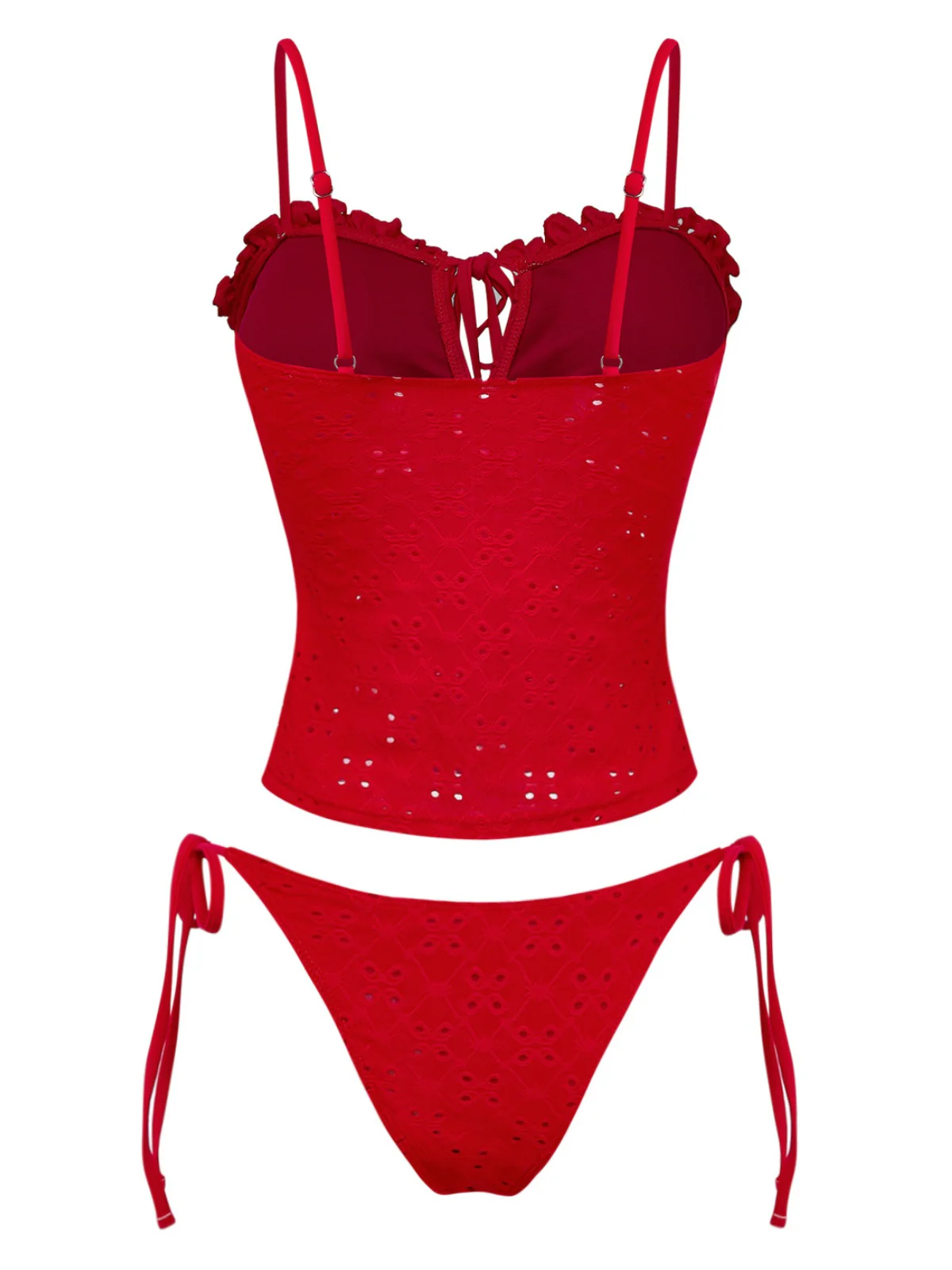 2PCS Red 1960s Cutout Ruffled Tankini Set & Cover-Up - Image 9