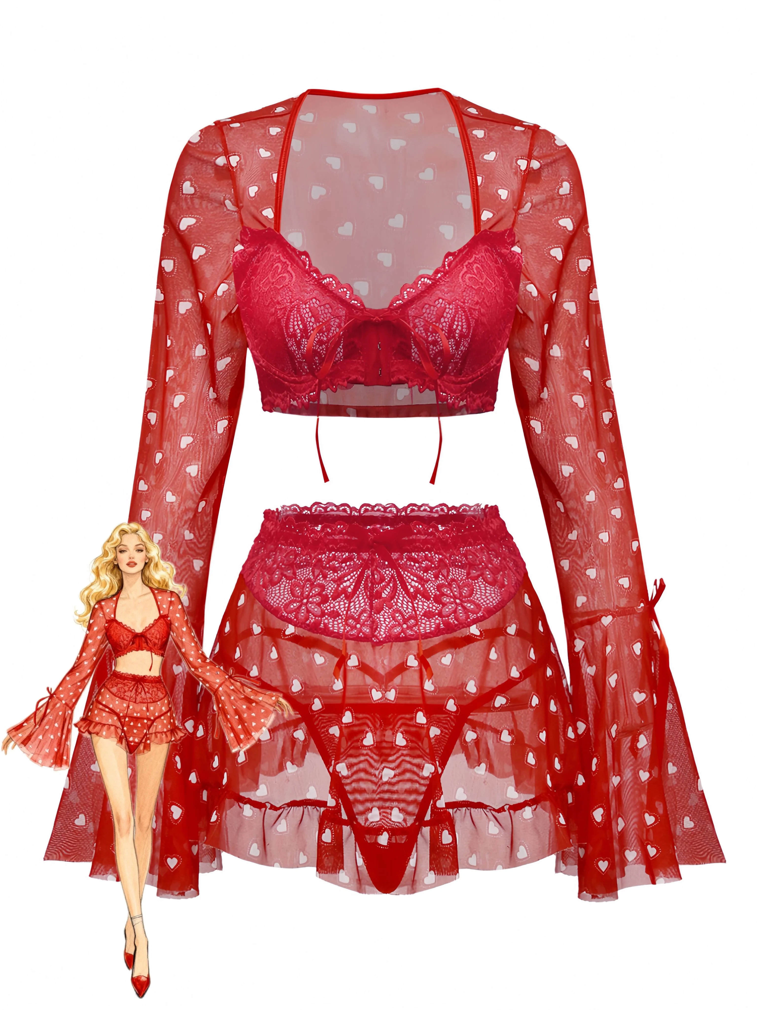 2PCS Red 1960s Heart Bow Ruffled Valentine's Pajamas - Image 4