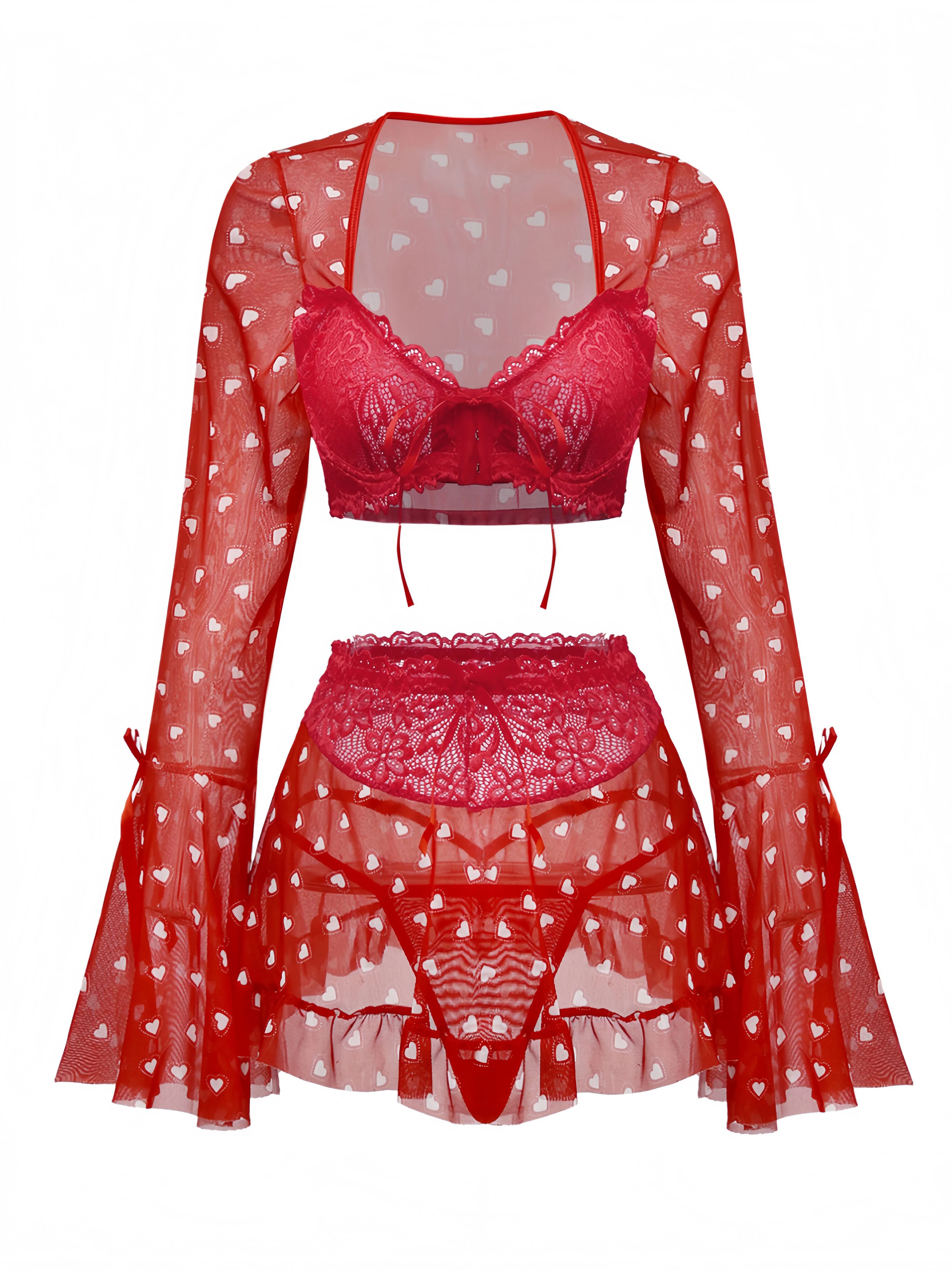 2PCS Red 1960s Heart Bow Ruffled Valentine's Pajamas - Image 5
