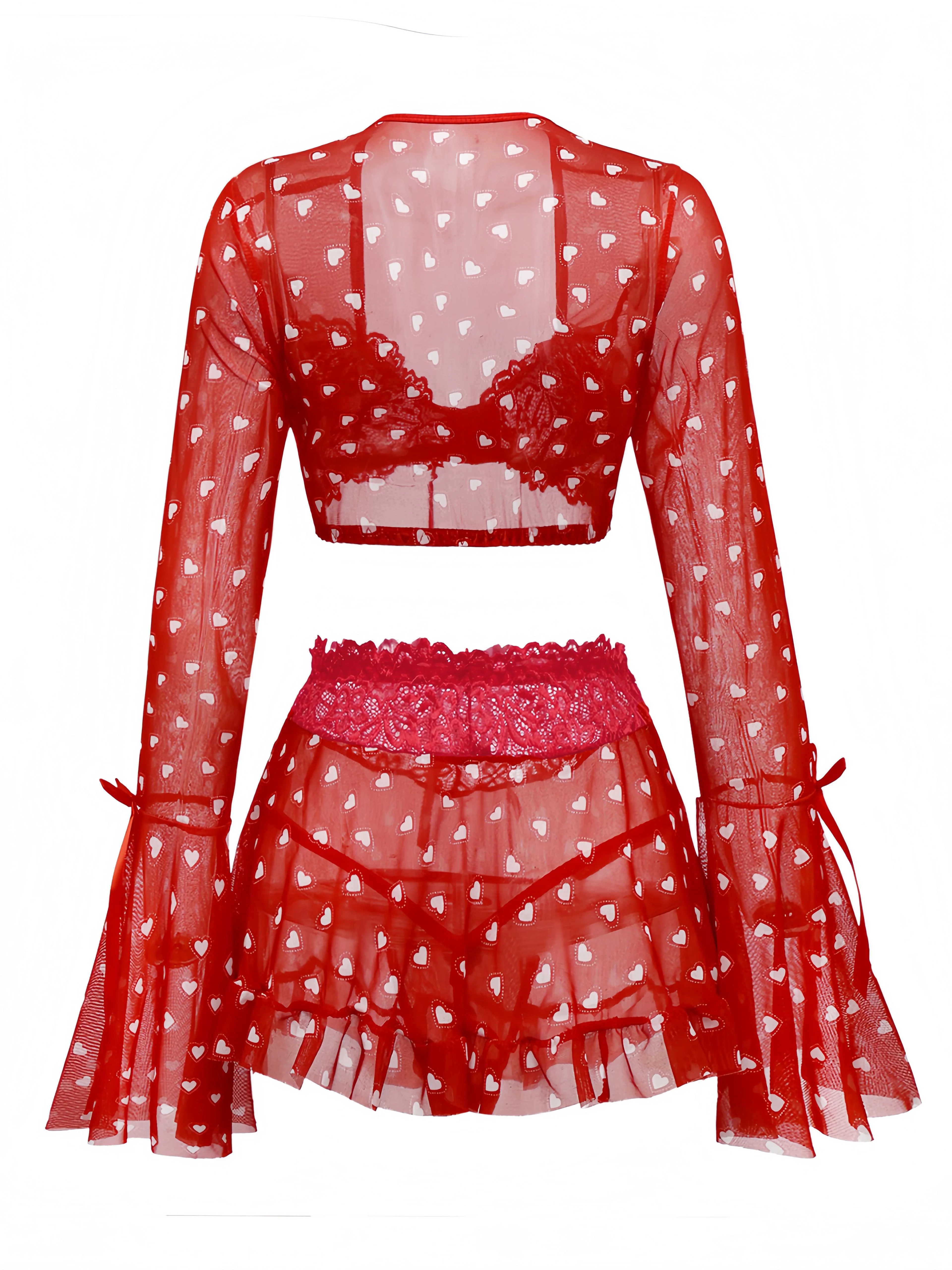 2PCS Red 1960s Heart Bow Ruffled Valentine's Pajamas - Image 6
