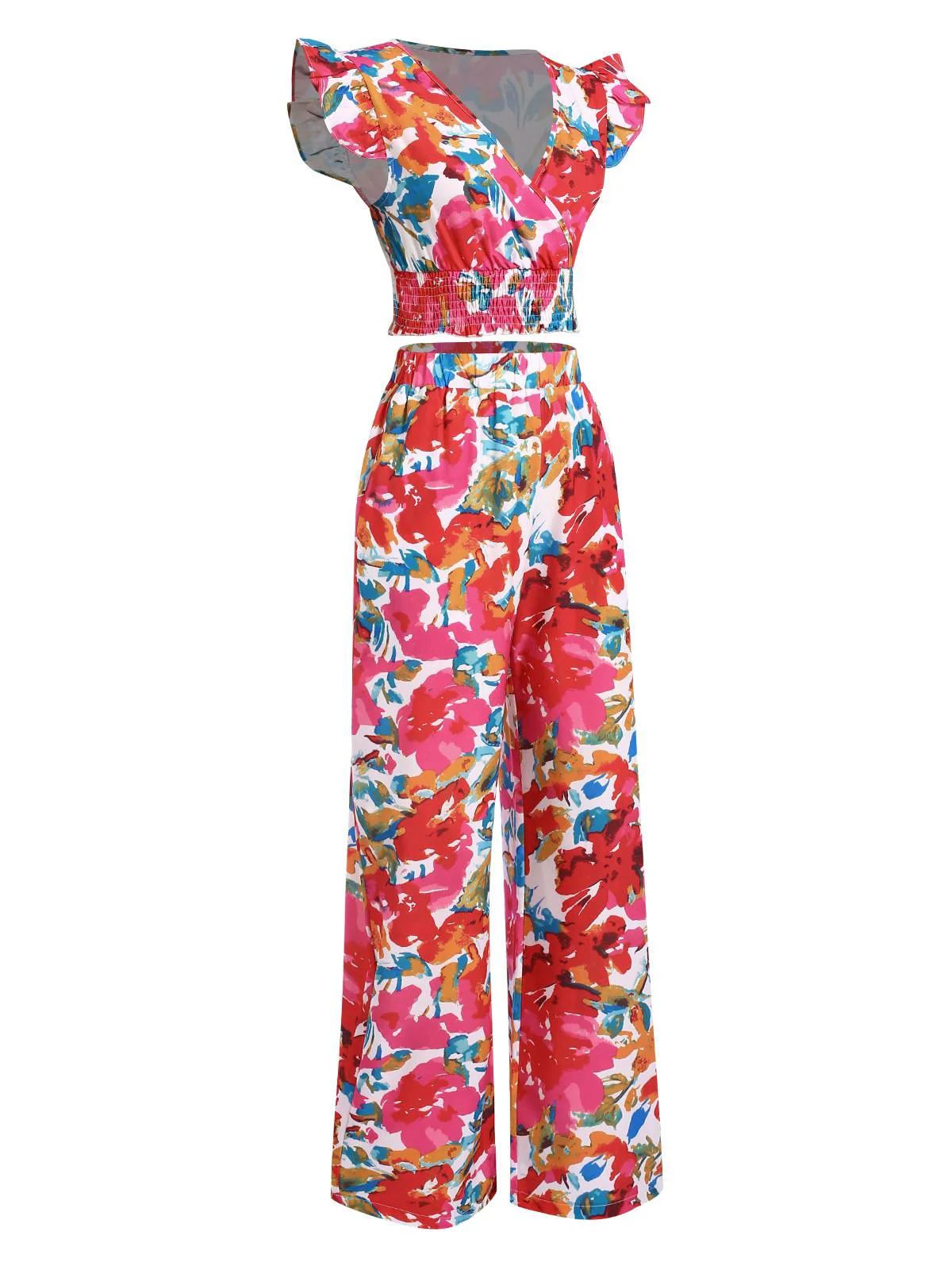 2PCS Red 1970s Flower Ruffled Smocked Top & Wide-Leg Pants - Image 2