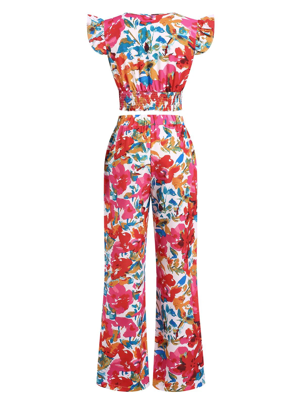 2PCS Red 1970s Flower Ruffled Smocked Top & Wide-Leg Pants - Image 3