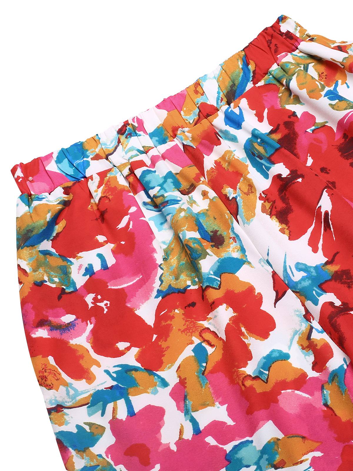 2PCS Red 1970s Flower Ruffled Smocked Top & Wide-Leg Pants - Image 4