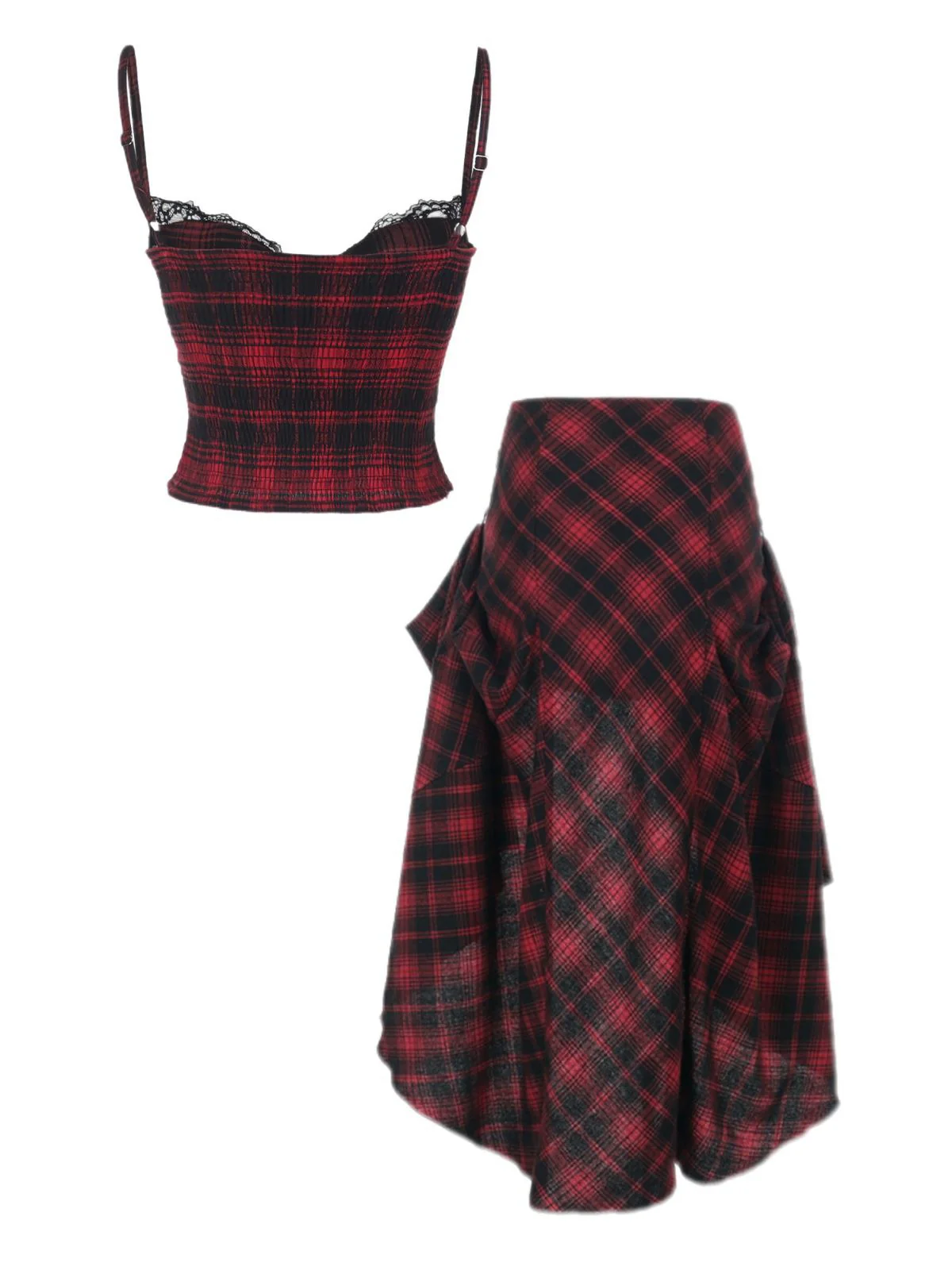 2PCS Red 1980s Plaid Smocked Top & High-Low Hem Skirt - Image 2