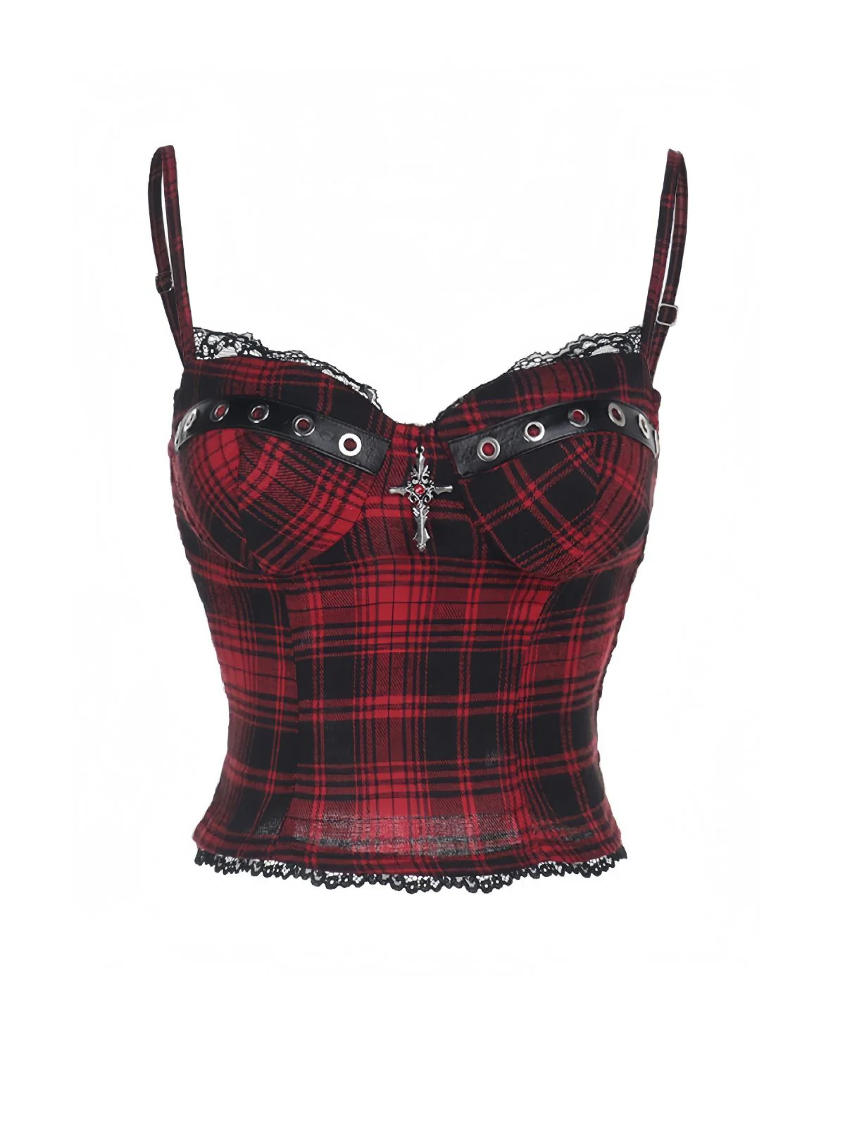 2PCS Red 1980s Plaid Smocked Top & High-Low Hem Skirt - Image 3