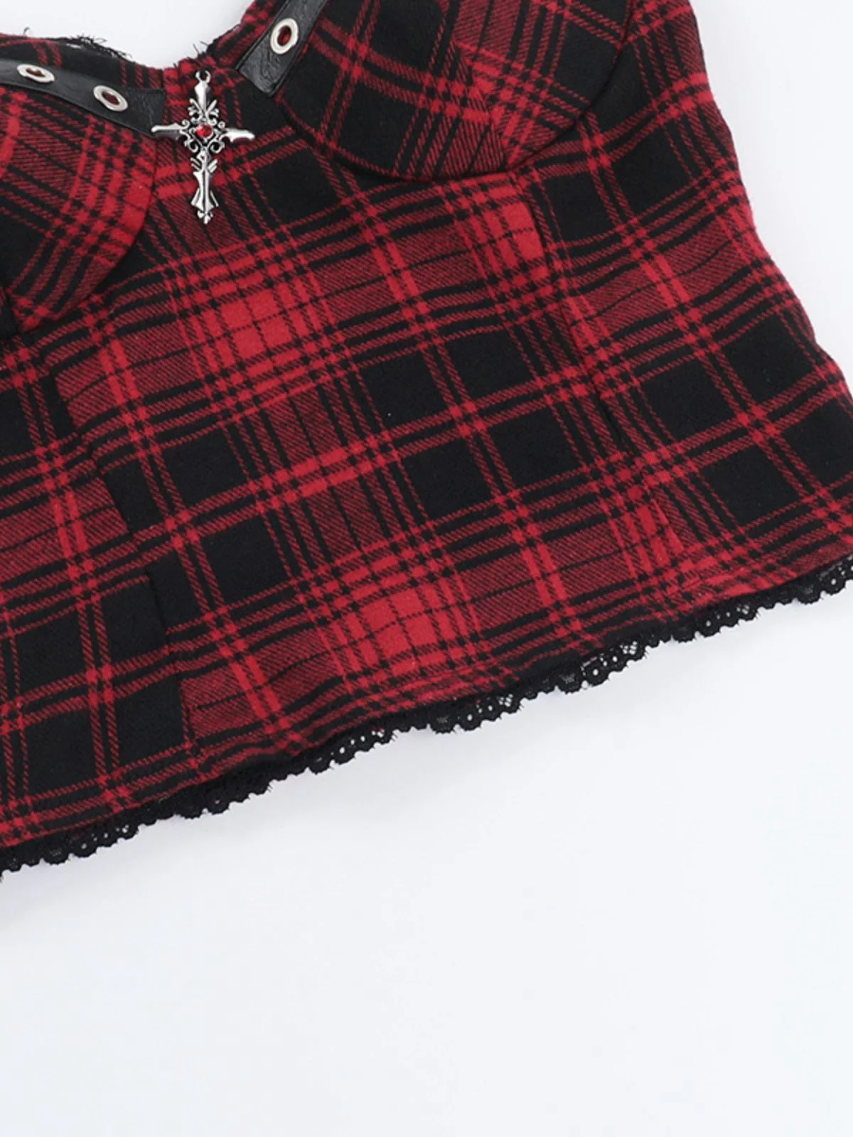 2PCS Red 1980s Plaid Smocked Top & High-Low Hem Skirt - Image 8
