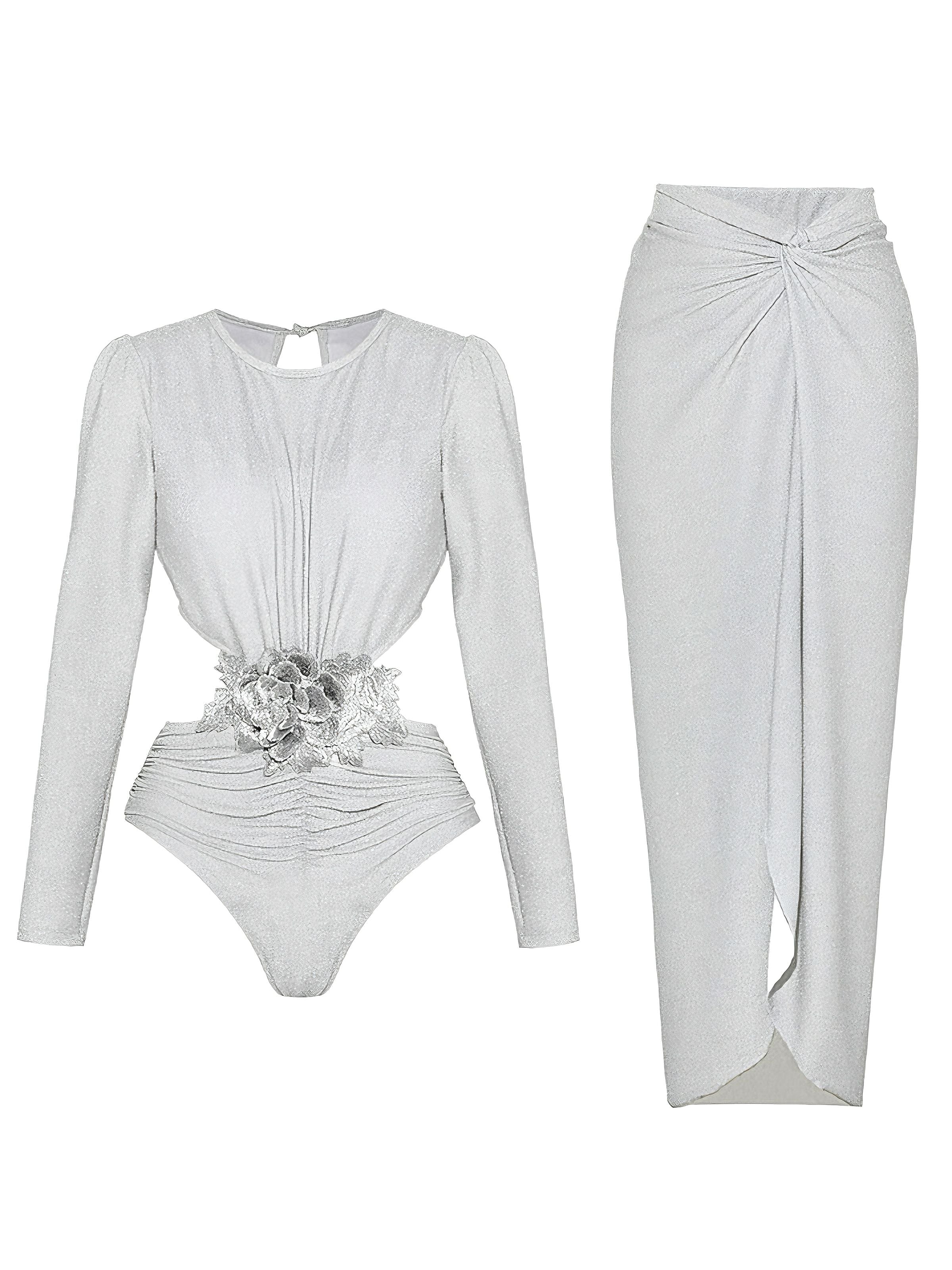 2PCS Silver 1970s 3D Floral Cutout One-Piece Swimsuit & Cover-Up - Image 2
