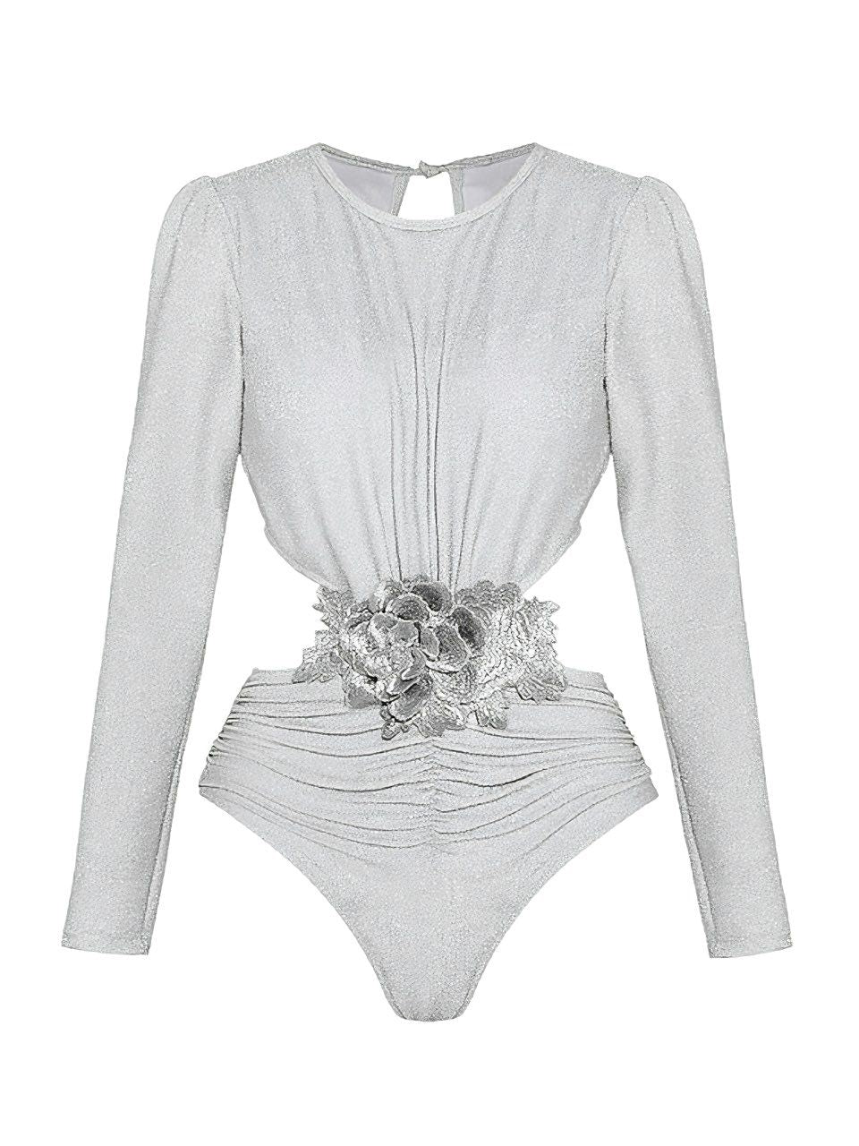 2PCS Silver 1970s 3D Floral Cutout One-Piece Swimsuit & Cover-Up - Image 3
