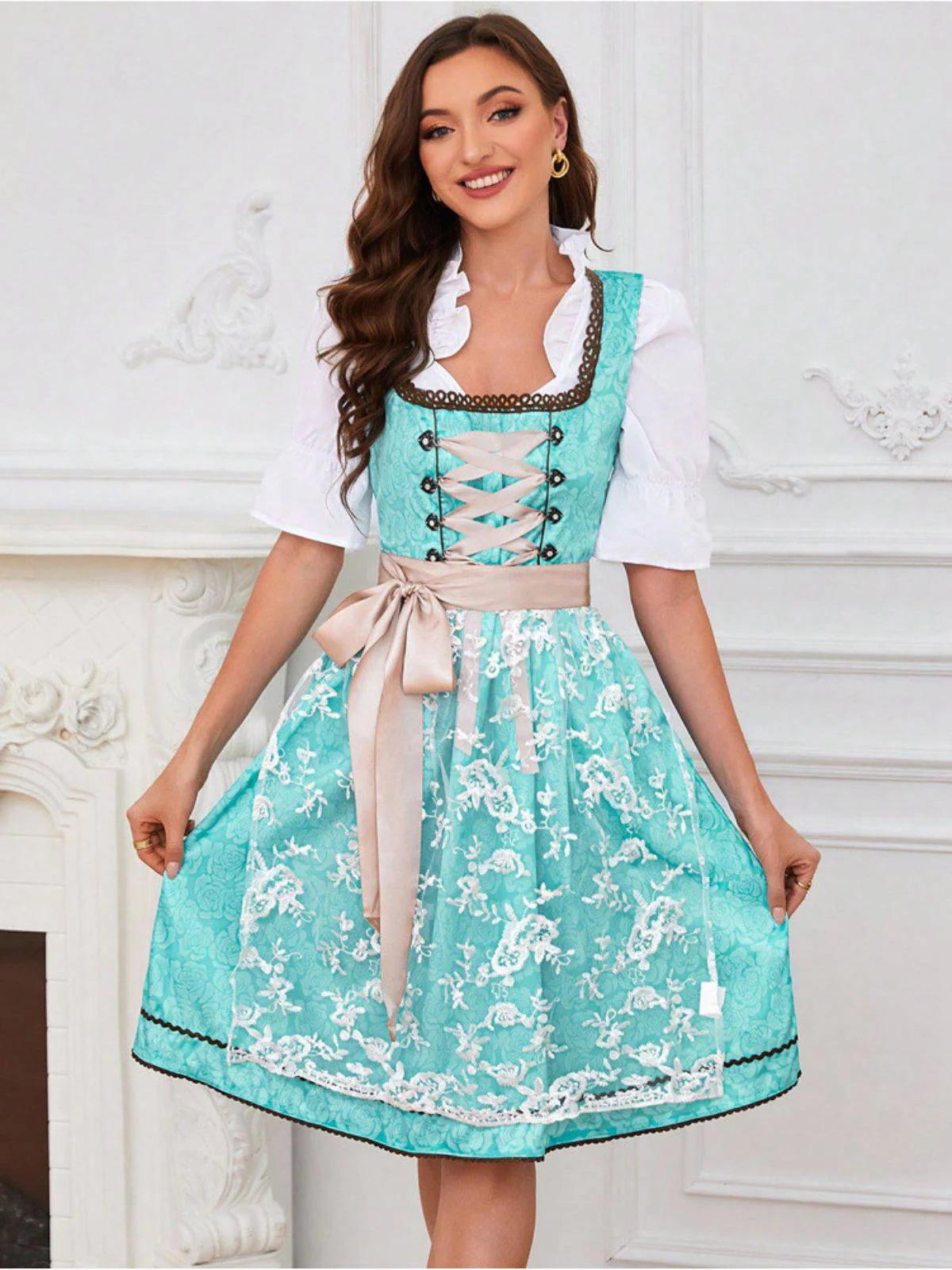 2PCS Sky Blue 1950s Floral Jacquard Dress & Mesh Embroidered Apron - Image 3