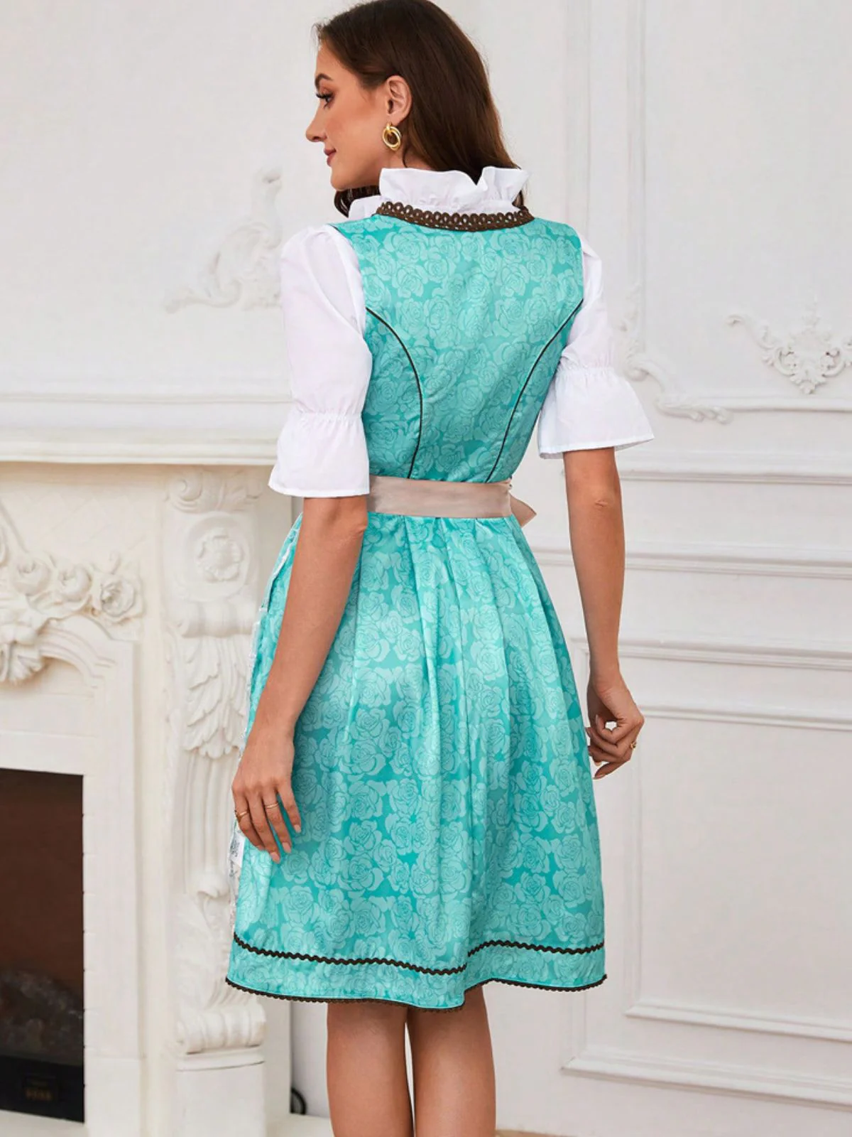 2PCS Sky Blue 1950s Floral Jacquard Dress & Mesh Embroidered Apron - Image 4