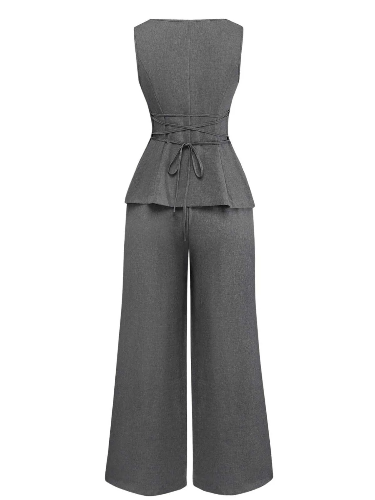 2PCS Solid 1940s Sleeveless Top & Wide-Leg Pants - Image 2