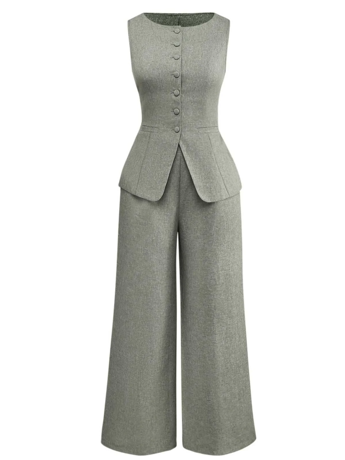 2PCS Solid 1940s Sleeveless Top & Wide-Leg Pants - Image 3
