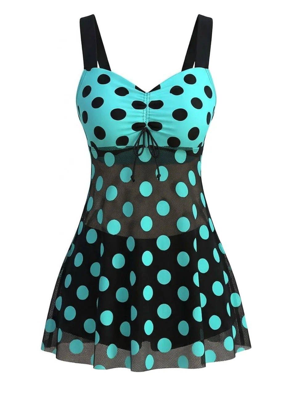 2PCS Turquoise 1980s Polka Dot Mesh Tankini Set - Image 2