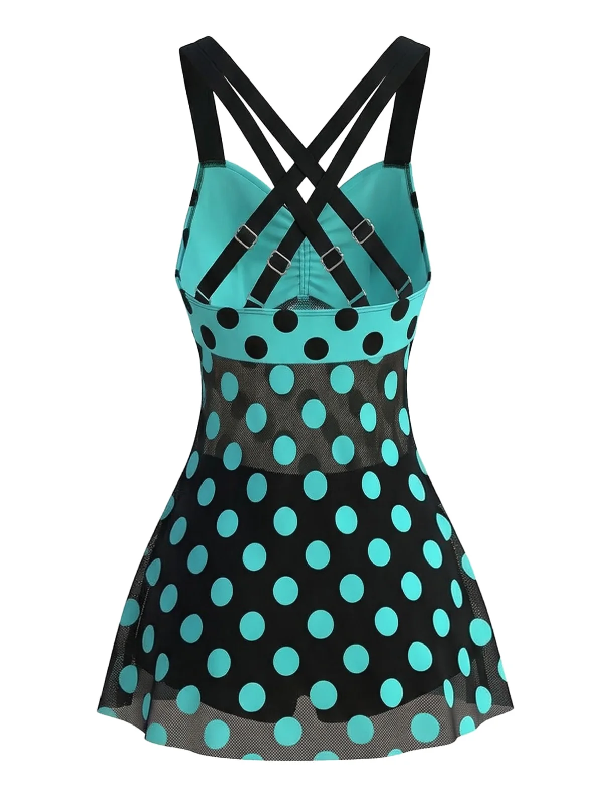 2PCS Turquoise 1980s Polka Dot Mesh Tankini Set - Image 3