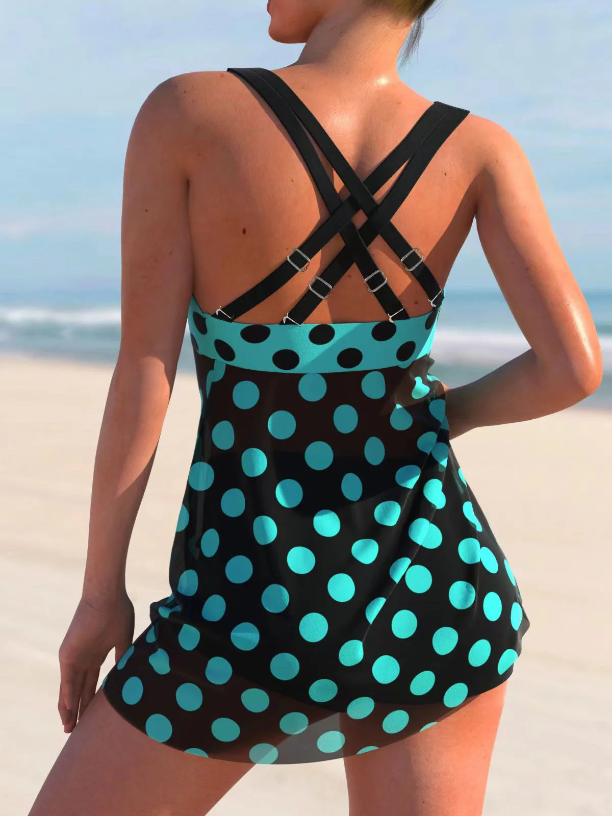 2PCS Turquoise 1980s Polka Dot Mesh Tankini Set - Image 5