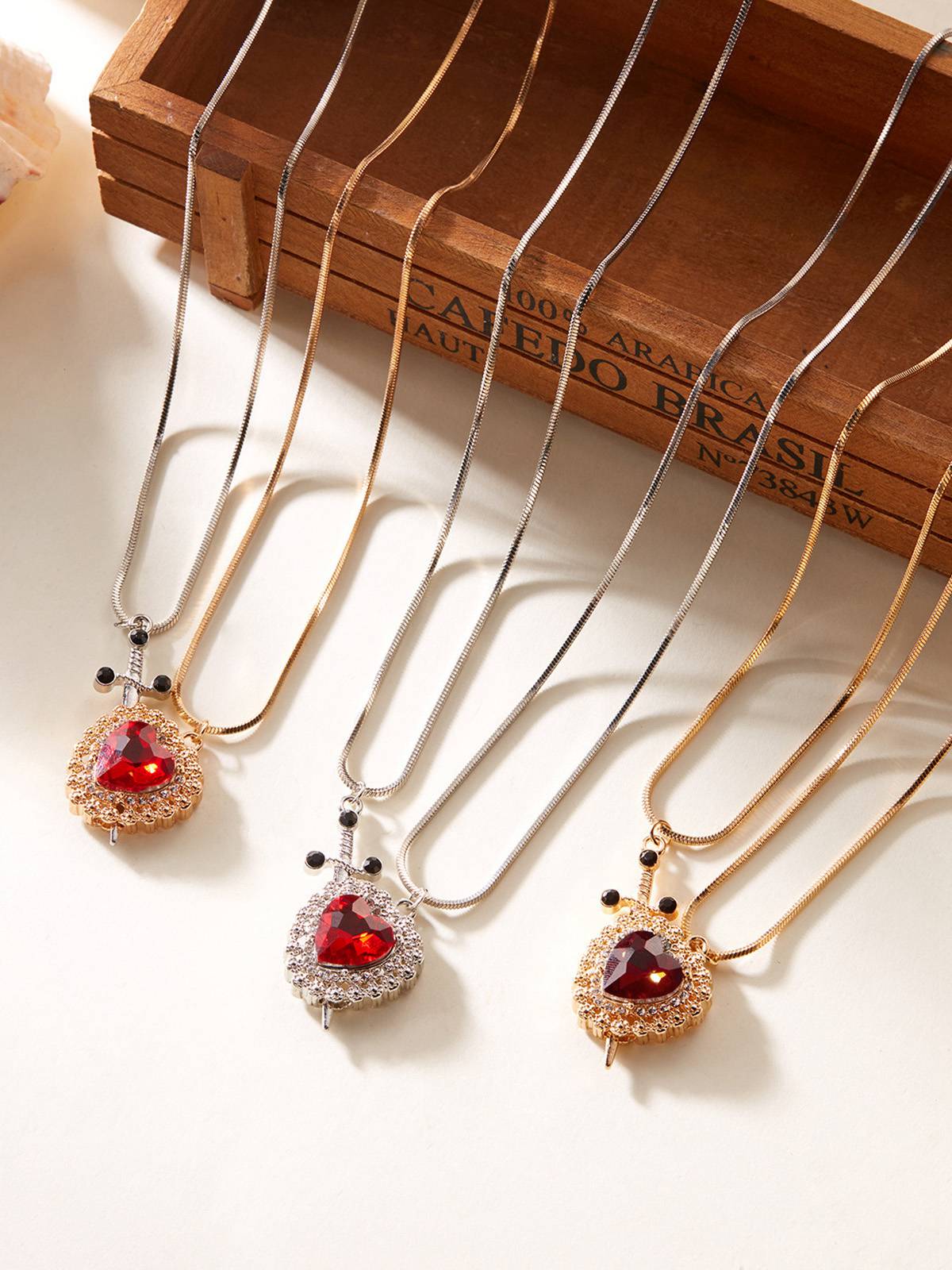 2PCS Vintage Rhinestone Heart-Shaped Ruby & Sword Necklace - Image 4
