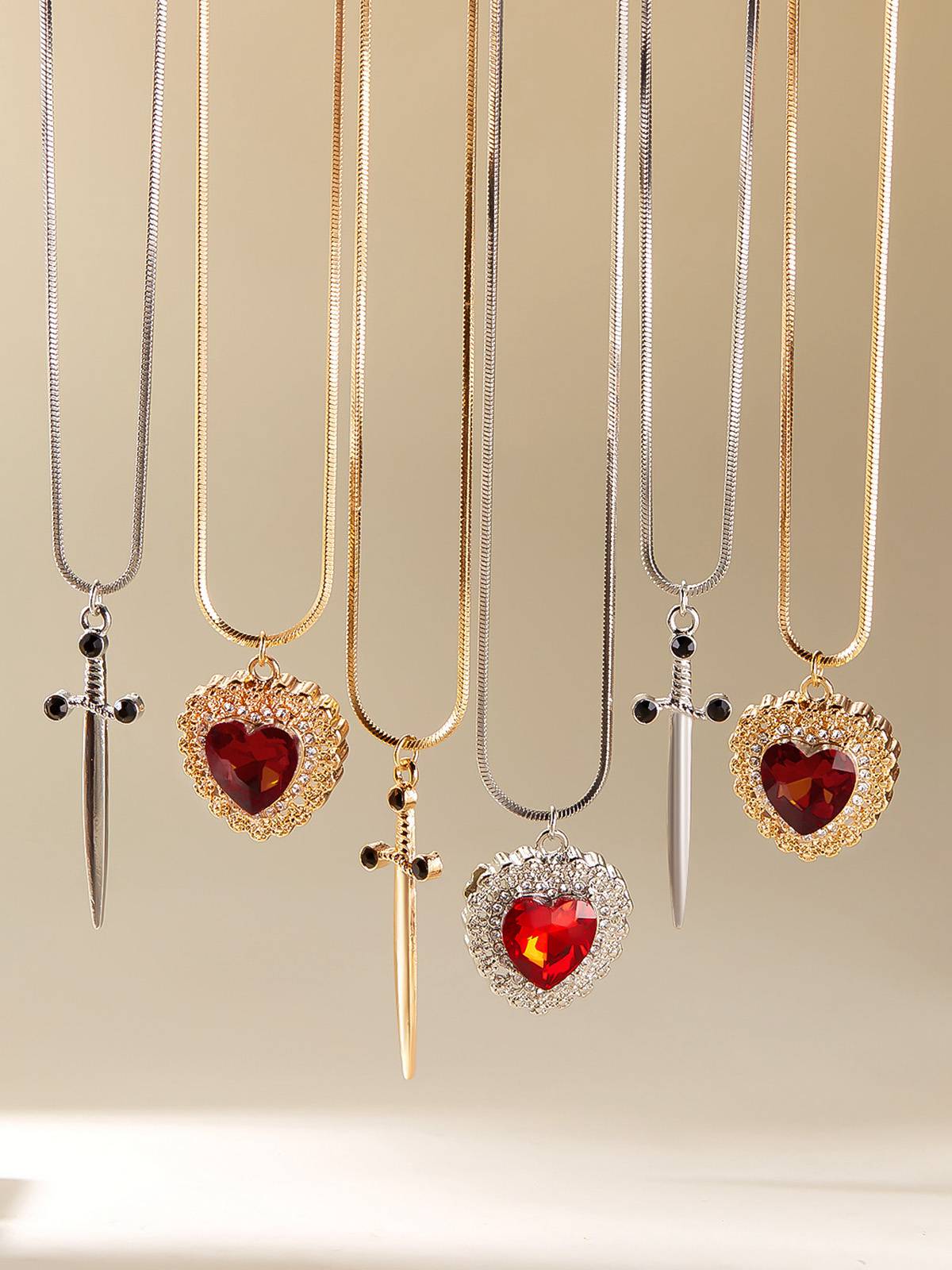 2PCS Vintage Rhinestone Heart-Shaped Ruby & Sword Necklace - Image 5