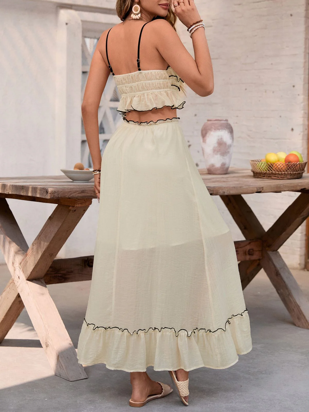 2PCS White 1930s Chiffon Cami & Ruffled Long Skirt - Image 2