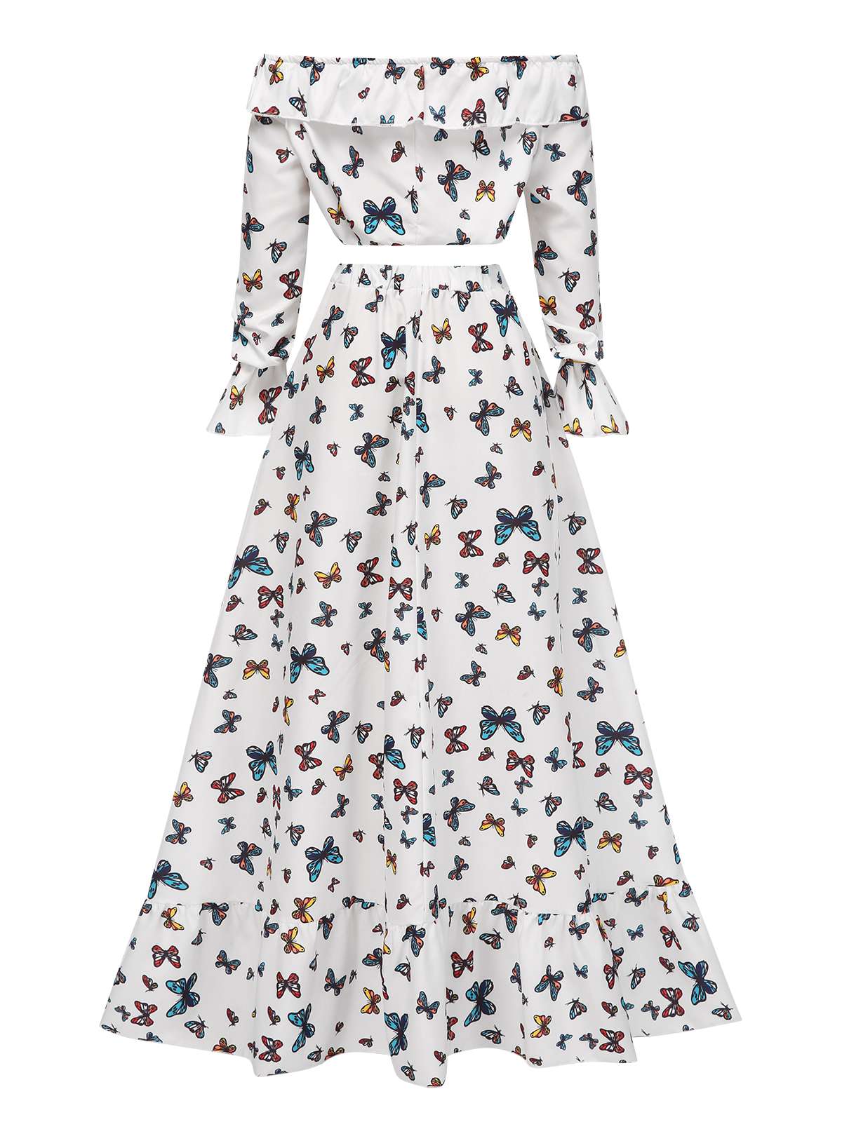 2PCS White 1930s Ruffle Butterfly Off-Shoulder Crop Top & Skirt - Image 2