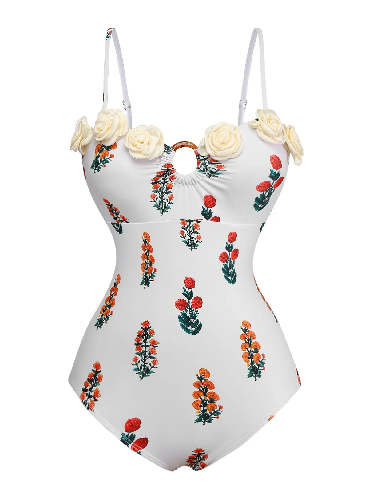 2PCS White 1960s 3D-Flower Spaghetti Straps Swimsuit & Cover-Up - Image 2