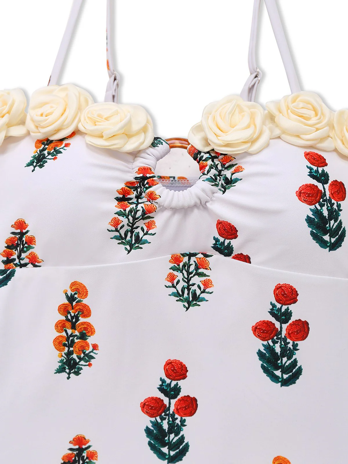 2PCS White 1960s 3D-Flower Spaghetti Straps Swimsuit & Cover-Up - Image 4