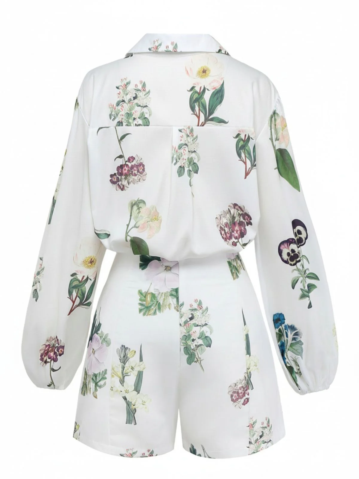 2PCS White 1960s Linen Floral Blouse & Shorts - Image 2