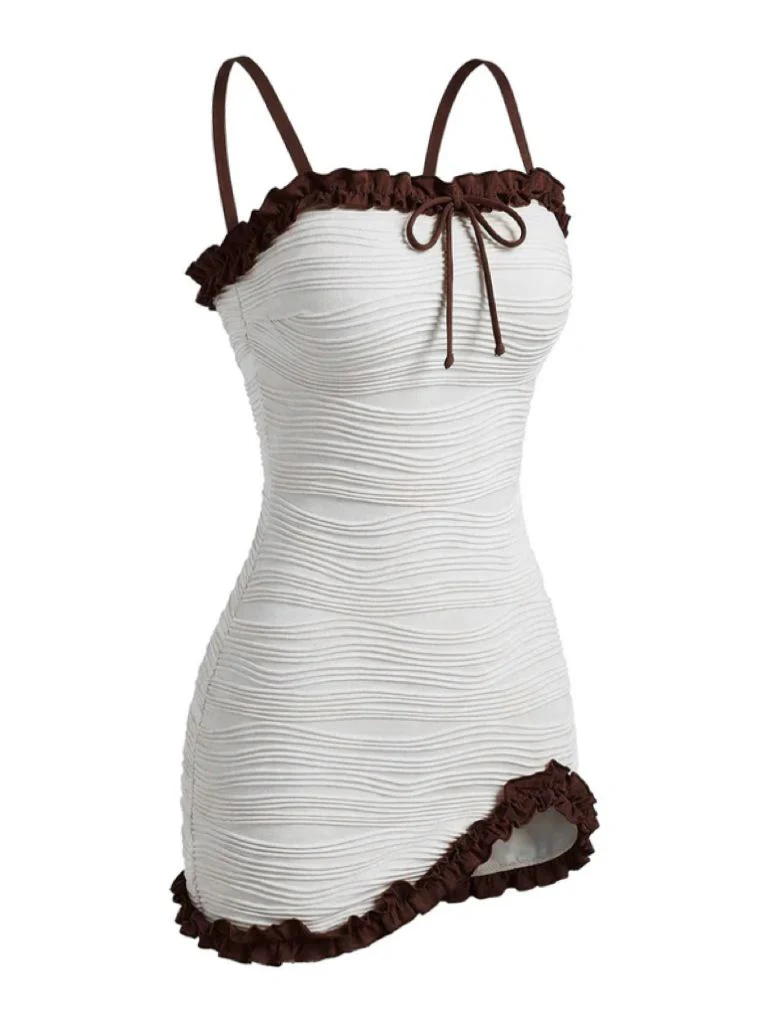 2PCS White 1960s Ruffle Tie Front Textured Bodycon Swimsuit - Image 10