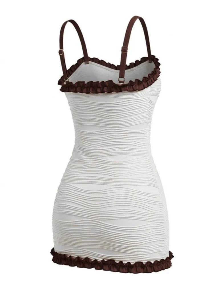 2PCS White 1960s Ruffle Tie Front Textured Bodycon Swimsuit - Image 11