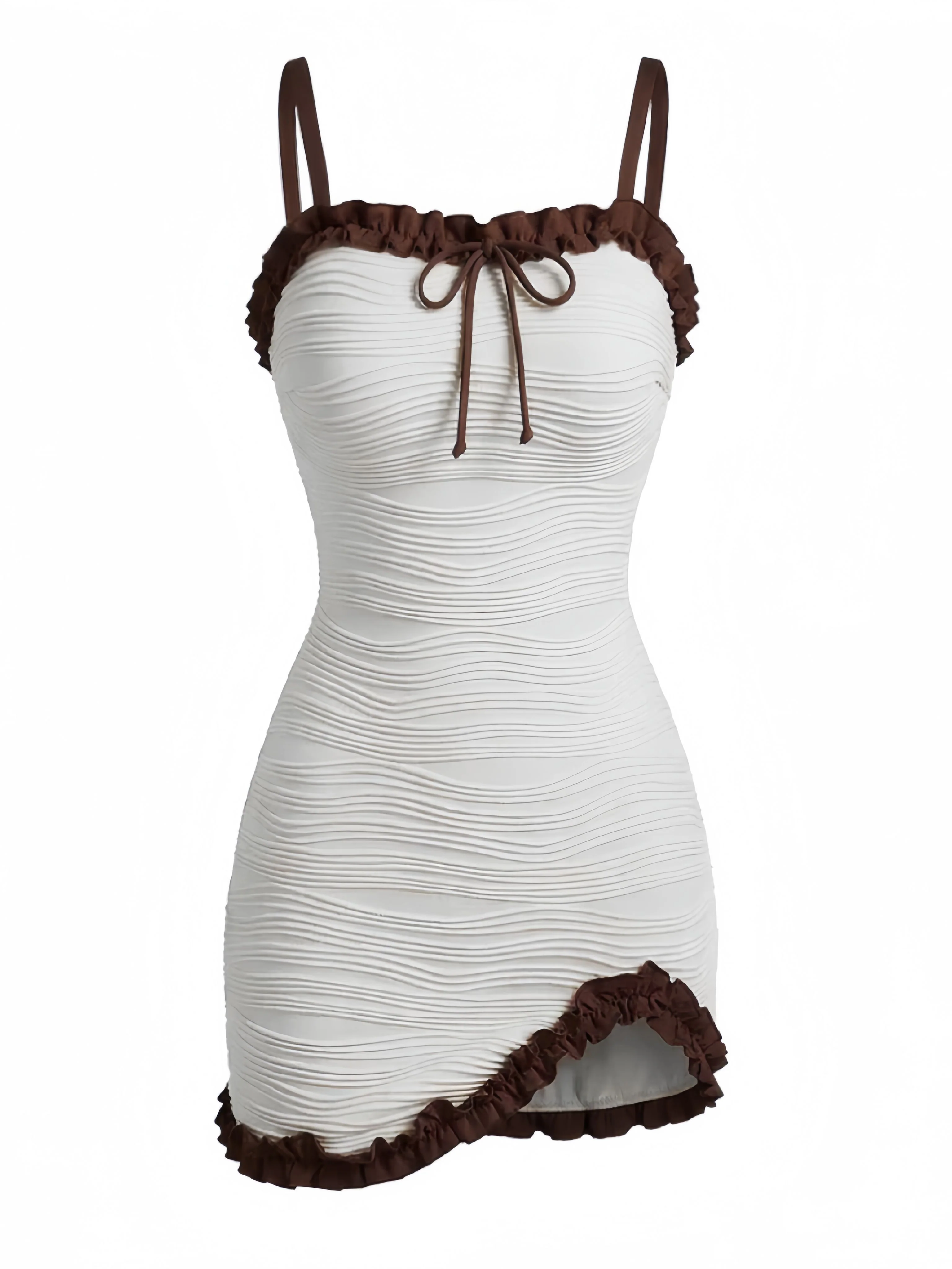 2PCS White 1960s Ruffle Tie Front Textured Bodycon Swimsuit - Image 8