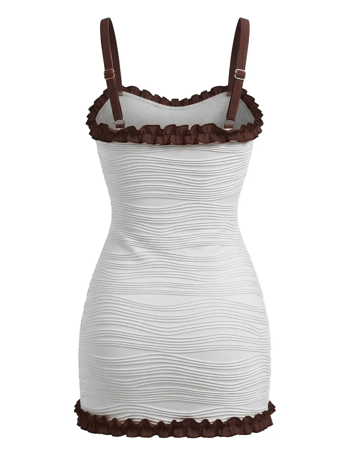 2PCS White 1960s Ruffle Tie Front Textured Bodycon Swimsuit - Image 9