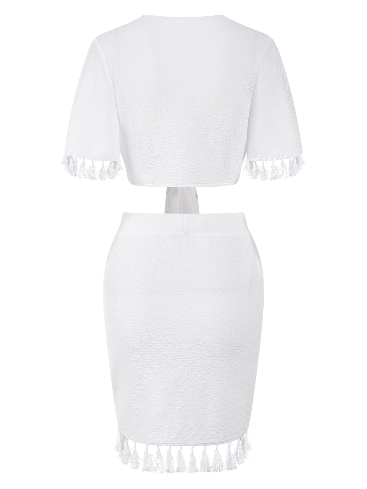 2PCS White 1960s Solid Tassels Bind Top & Pencil Skirt - Image 2