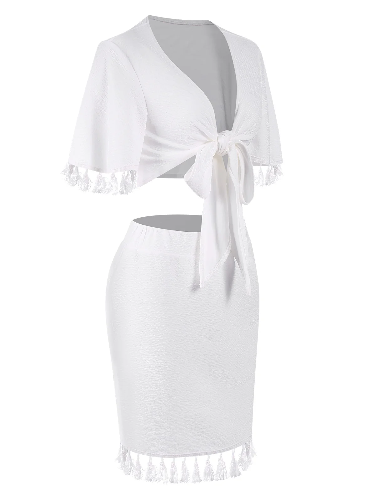 2PCS White 1960s Solid Tassels Bind Top & Pencil Skirt - Image 3