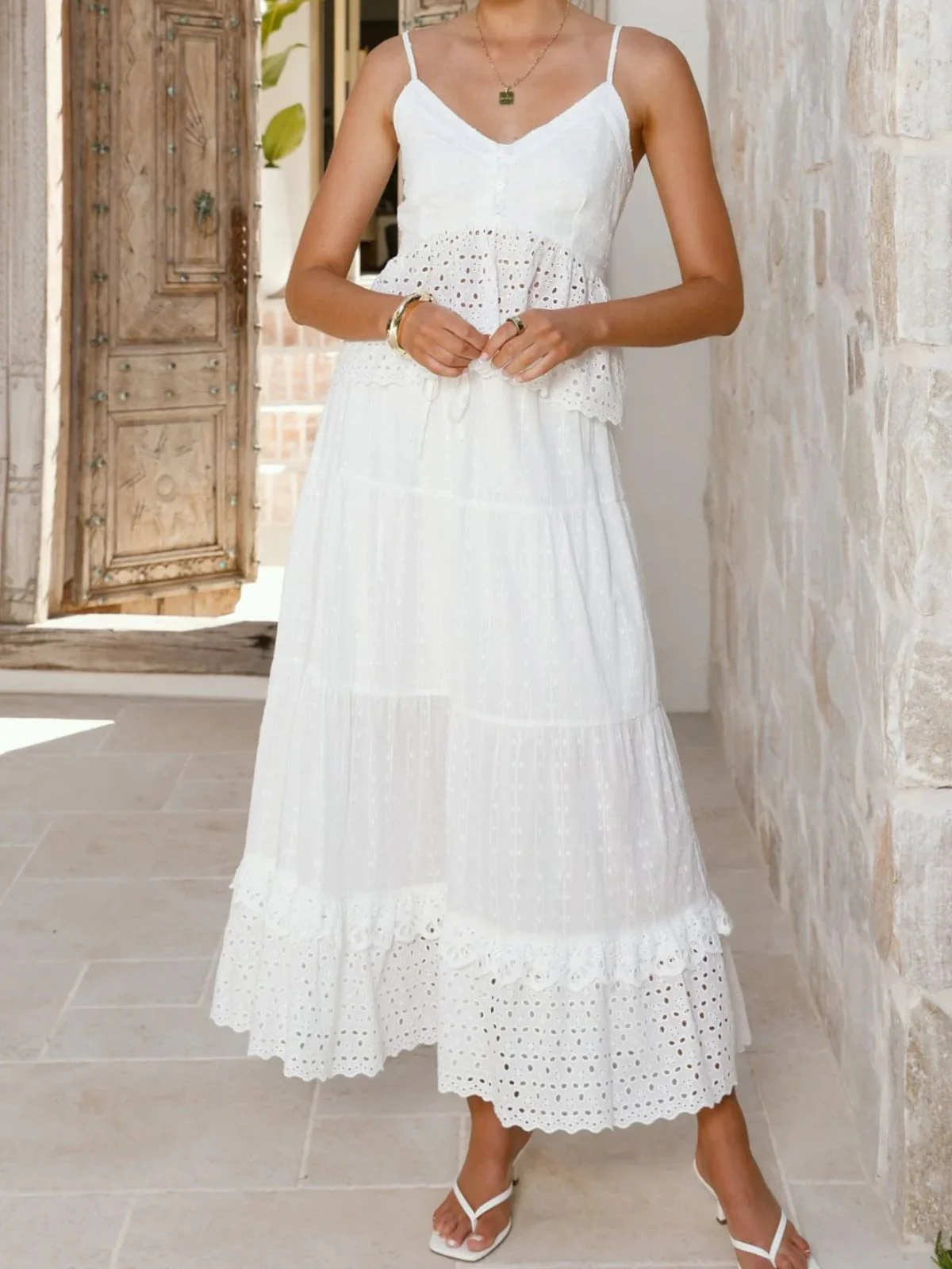 2PCS White 1970s Cotton Bohemian Camisole Top & Lace Skirt - Image 2