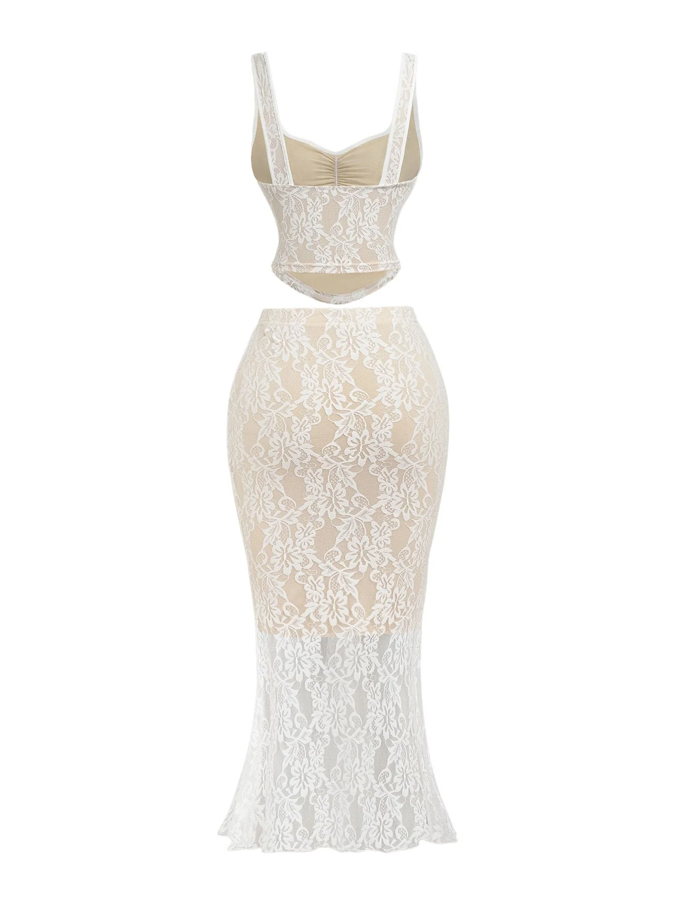 2PCS White 1980s Lace Floral V-Neck Tank & Mermaid Skirt - Image 3