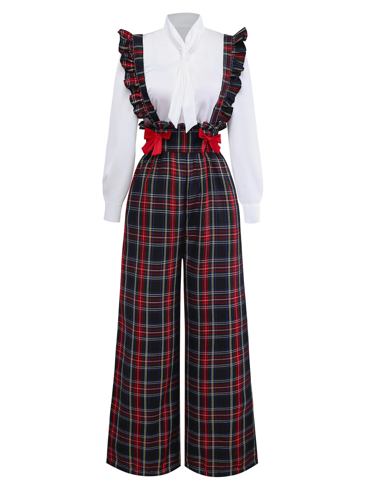 2PCS White & Black 1940s Blouse & Tartan Overall Pants - Image 3