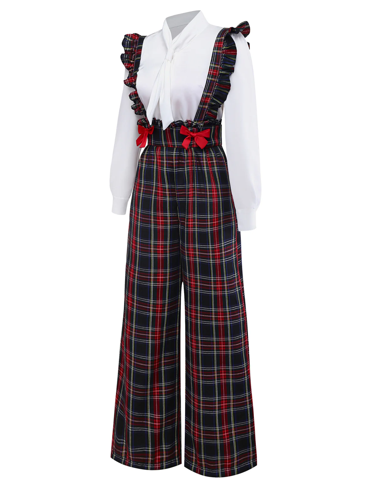 2PCS White & Black 1940s Blouse & Tartan Overall Pants - Image 4