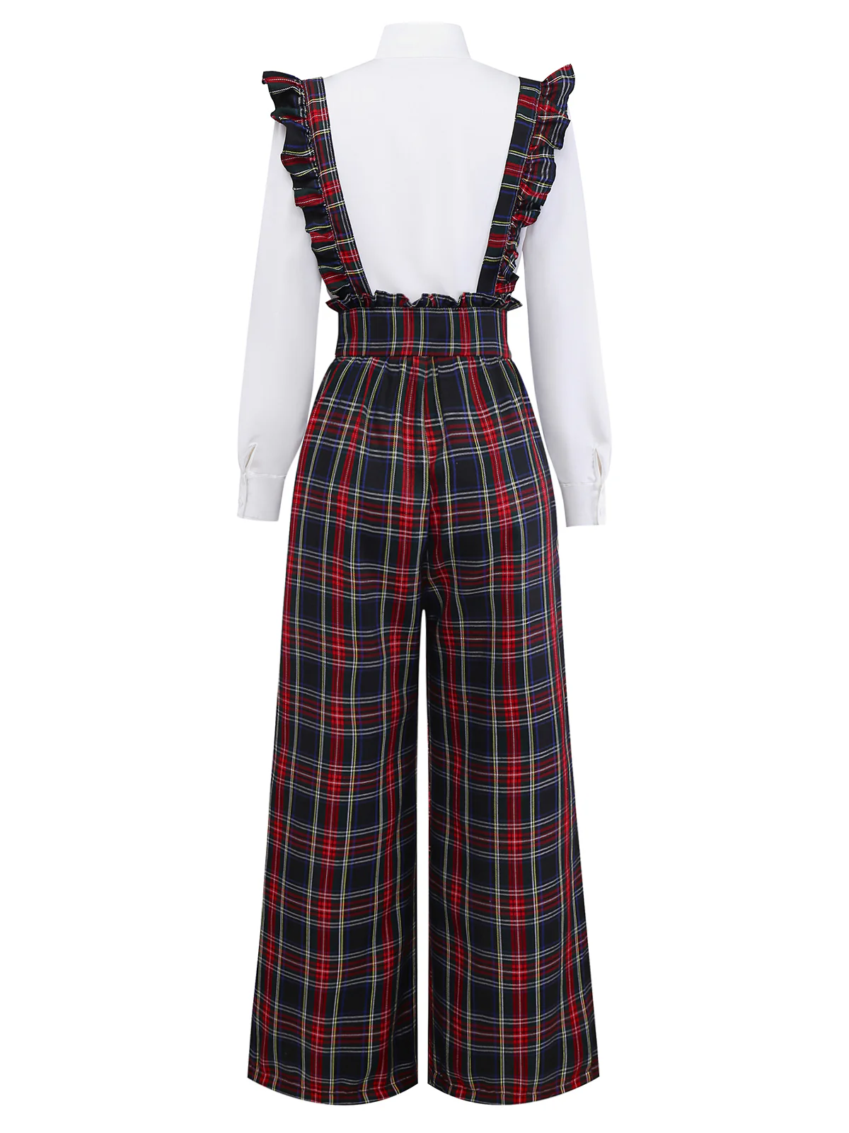2PCS White & Black 1940s Blouse & Tartan Overall Pants - Image 5