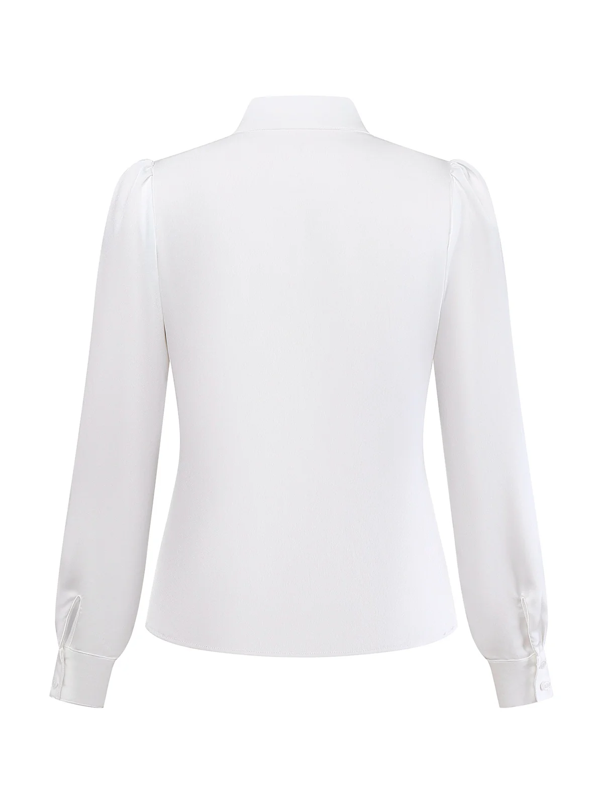White 1940s Solid Tie Neck Satin Blouse - Image 4