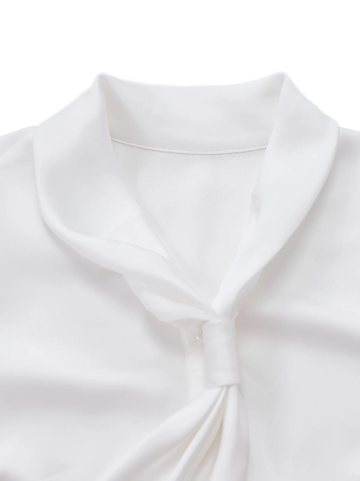 White 1940s Solid Tie Neck Satin Blouse - Image 5