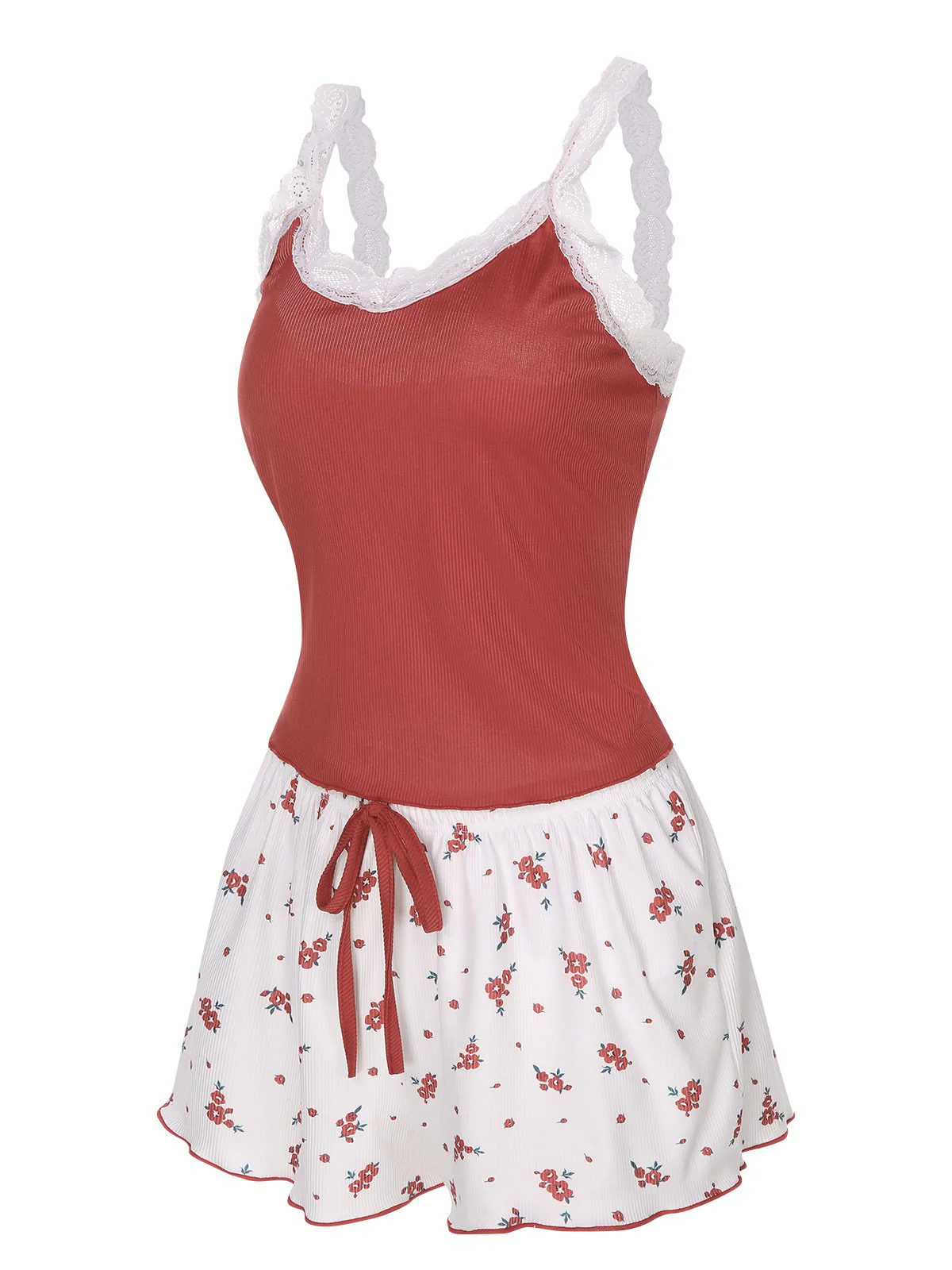 2PCS Wine Red 1950s Lace Straps Pajamas - Image 2