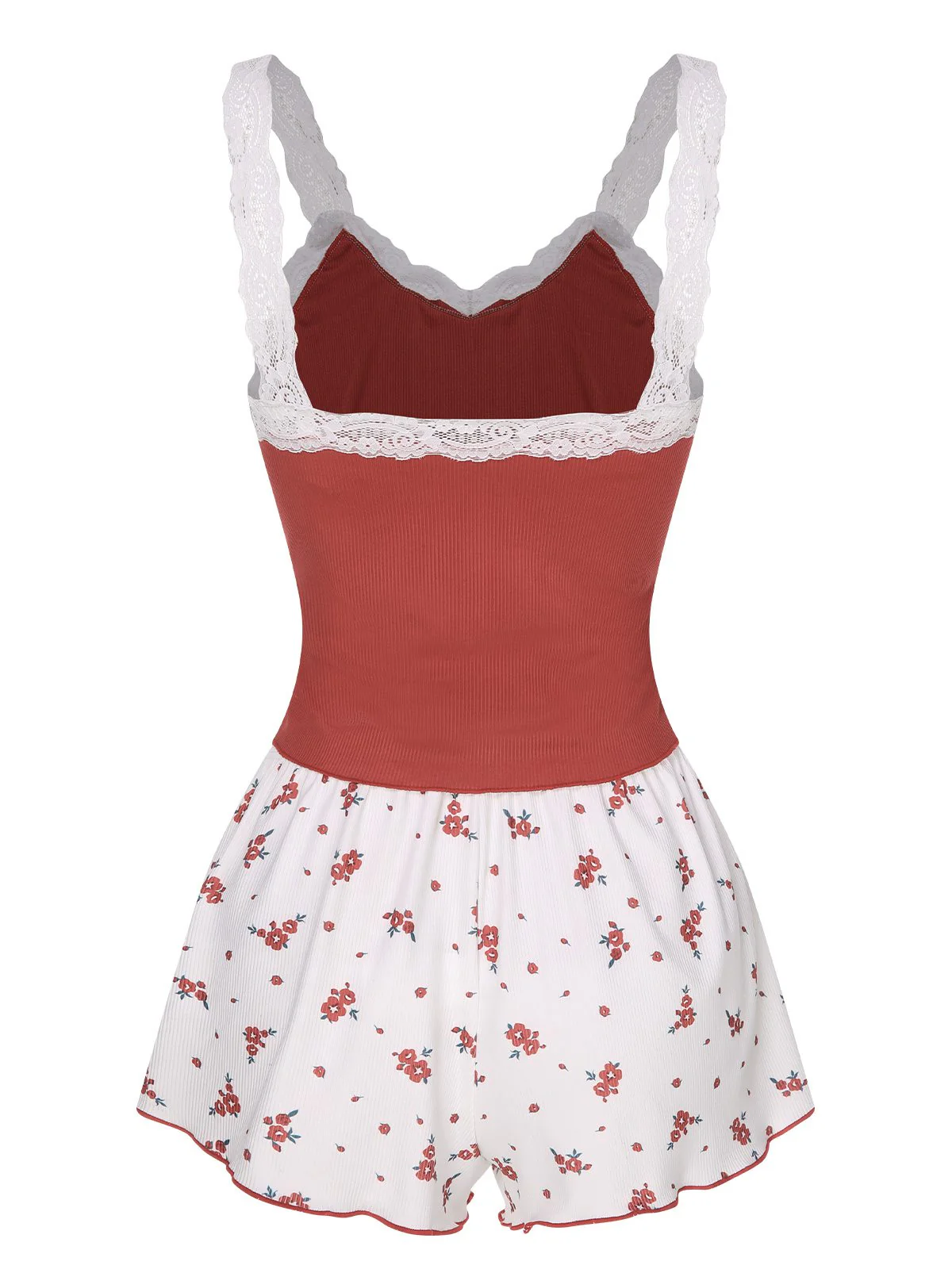 2PCS Wine Red 1950s Lace Straps Pajamas - Image 3