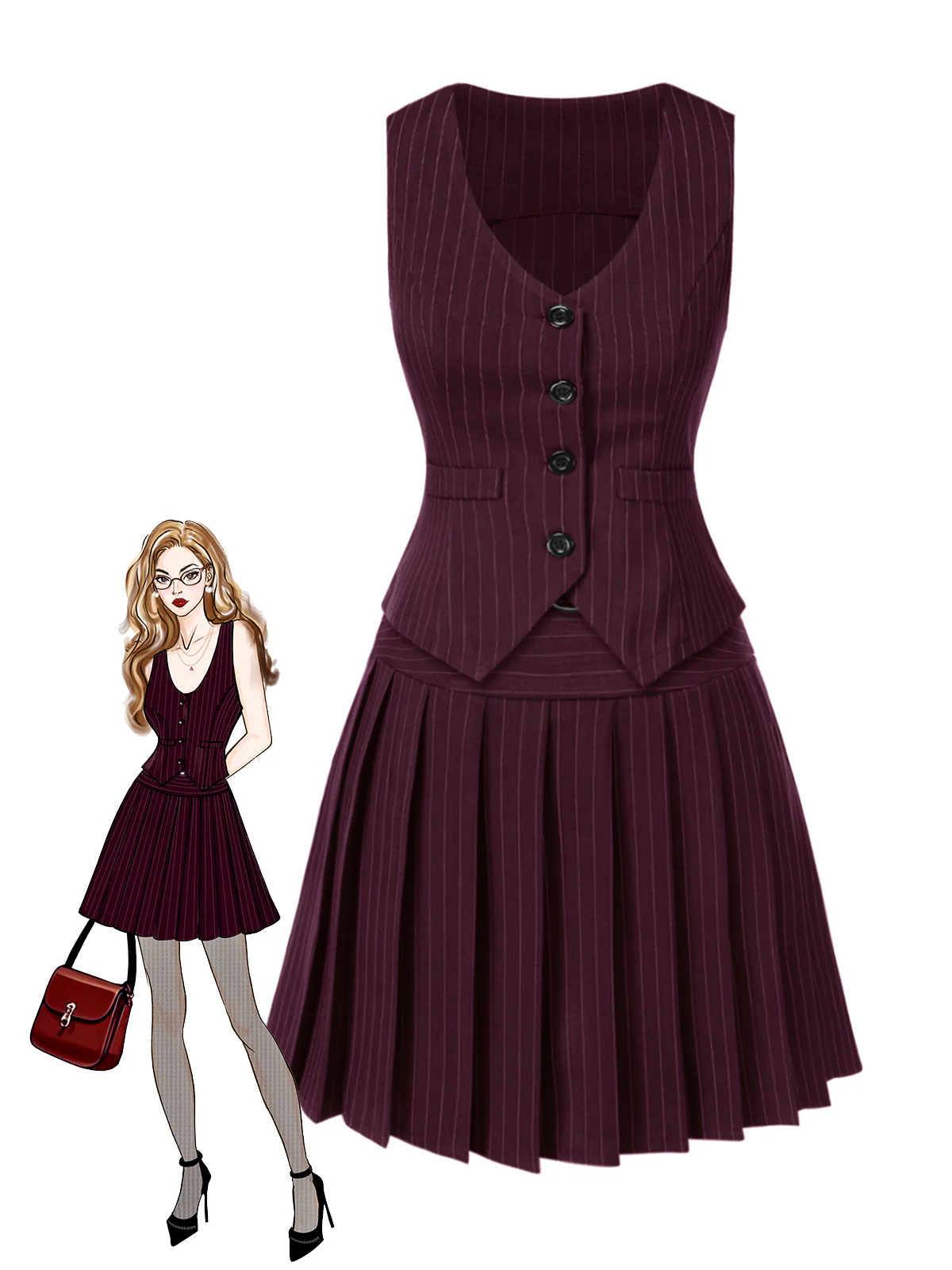 2PCS Wine Red 1960s Pinstripes Top & Pleated Skirt - Image 2