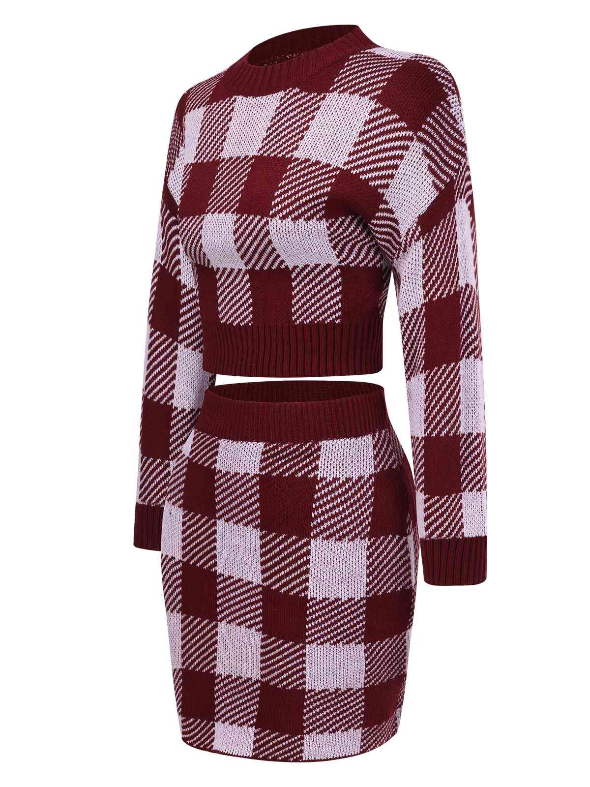 2PCS Wine Red 1960s Shepherd Plaid Knit Top & Skirt - Image 2