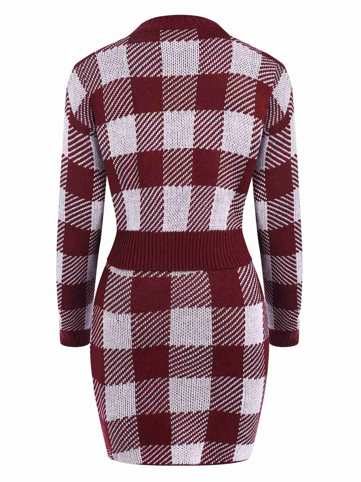 2PCS Wine Red 1960s Shepherd Plaid Knit Top & Skirt - Image 3