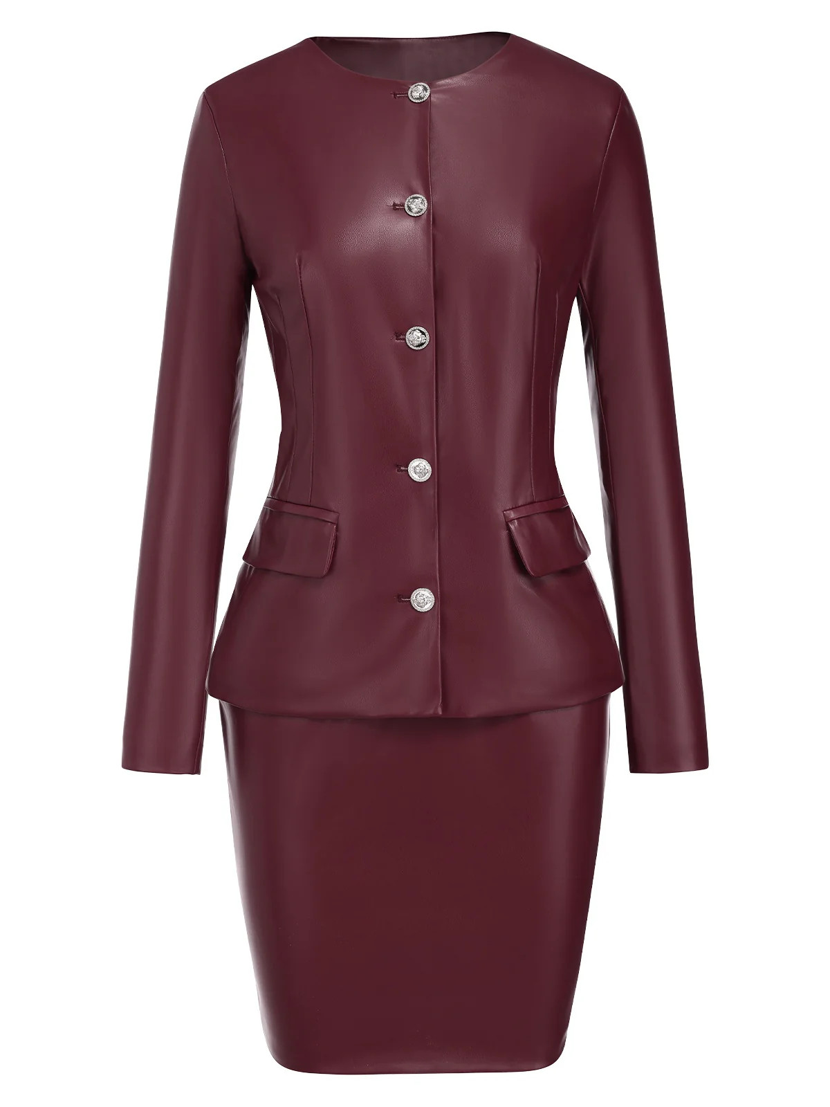 2PCS Wine Red 1960s Solid Leather Top & Pencil Skirt - Image 2